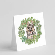 Load image into Gallery viewer, German Shepherd Puppy Smiling with Christmas Wreath Square Greeting Cards -  Blank Note Cards – 8-Pack of Artist-Designed Cards with Envelopes