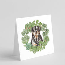 Load image into Gallery viewer, Rottweiler Sitting Tall with Christmas Wreath Square Greeting Cards -  Blank Note Cards – 8-Pack of Artist-Designed Cards with Envelopes