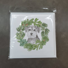 Load image into Gallery viewer, Schnauzer Salt and Pepper with Christmas Wreath Square Greeting Cards -  Blank Note Cards – 8-Pack of Artist-Designed Cards with Envelopes