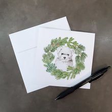Load image into Gallery viewer, Bichon Frise Puppy with Christmas Wreath Square Greeting Cards -  Blank Note Cards – 8-Pack of Artist-Designed Cards with Envelopes