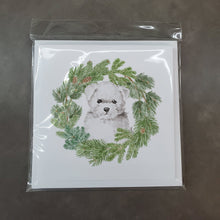 Load image into Gallery viewer, Bichon Frise Puppy with Christmas Wreath Square Greeting Cards -  Blank Note Cards – 8-Pack of Artist-Designed Cards with Envelopes
