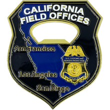 Load image into Gallery viewer, BL12-015 CBP Officer California Field Offices Bottle Opener Challenge Coins California Thin Blue Line Flag
