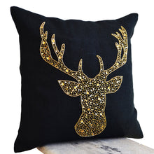 Load image into Gallery viewer, Christmas Burlap Pillow Cover with Gold Deer Sequins Embroidery