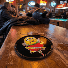 Load image into Gallery viewer, Classic Tattoo Coaster Set | Metal &amp; Cork Retro Round Coasters in Gift Tin