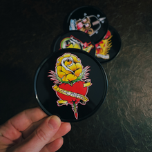 Load image into Gallery viewer, Classic Tattoo Coaster Set | Metal &amp; Cork Retro Round Coasters in Gift Tin