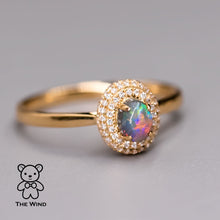 Load image into Gallery viewer, Classic Halo Design Australian Black Opal Diamond Engagement Ring 18K Yellow Gold