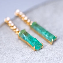 Load image into Gallery viewer, Colombian Raw Emerald Diamond Drop Earrings in 18K Yellow Gold