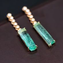 Load image into Gallery viewer, Colombian Raw Emerald Diamond Drop Earrings in 18K Yellow Gold
