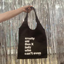Load image into Gallery viewer, Crusty Old Gen X Lady Who Can't Even Keychain and Tote Bag Bundle | Motel Style Keyholder and Black Canvas Tote