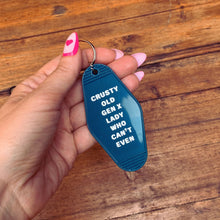 Load image into Gallery viewer, Crusty Old Gen X Lady Who Can't Even Motel Keychain in Blue