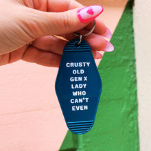 Load image into Gallery viewer, Crusty Old Gen X Lady Who Can't Even Motel Keychain in Blue