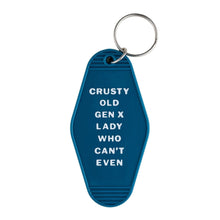 Load image into Gallery viewer, Crusty Old Gen X Lady Who Can't Even Motel Keychain in Blue