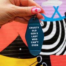 Load image into Gallery viewer, Crusty Old Gen X Lady Who Can't Even Motel Keychain in Blue