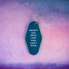 Load image into Gallery viewer, Crusty Old Gen X Lady Who Can't Even Motel Keychain in Blue