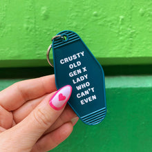Load image into Gallery viewer, Crusty Old Gen X Lady Who Can't Even Motel Keychain in Blue