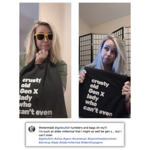 Load image into Gallery viewer, Crusty Old Gen X Lady Who Can't Even Slouchy Canvas Tote in Black