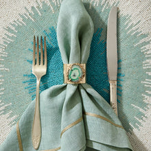 Load image into Gallery viewer, Gold trim dinner napkins, seafoam, set of two