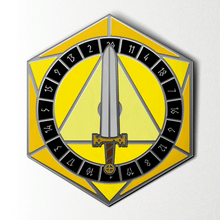 Load image into Gallery viewer, D20 Sword Spinner Pin - Hard Enamel Adventure Dice Pin Metal by Norse Foundry