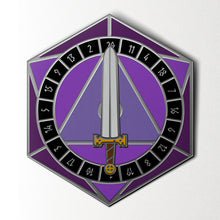 Load image into Gallery viewer, D20 Sword Spinner Pin - Hard Enamel Adventure Dice Pin Metal by Norse Foundry
