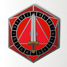 Load image into Gallery viewer, D20 Sword Spinner Pin - Hard Enamel Adventure Dice Pin Metal by Norse Foundry