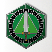 Load image into Gallery viewer, D20 Sword Spinner Pin - Hard Enamel Adventure Dice Pin Metal by Norse Foundry