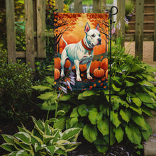 Load image into Gallery viewer, White Pit Bull Terrier Fall Garden Flag – Dog Surrounded by Pumpkins &amp; Autumn Leaves