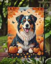 Load image into Gallery viewer, Australian Shepherd Terrier Fall Garden Flag – Dog Surrounded by Pumpkins &amp; Autumn Leaves