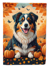Load image into Gallery viewer, Australian Shepherd Terrier Fall Garden Flag – Dog Surrounded by Pumpkins &amp; Autumn Leaves