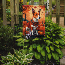 Load image into Gallery viewer, Red Basenji Fall Garden Flag – Dog Surrounded by Pumpkins &amp; Autumn Leaves