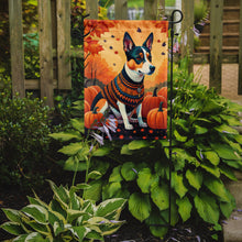 Load image into Gallery viewer, Basenji Fall Garden Flag – Dog Surrounded by Pumpkins &amp; Autumn Leaves