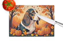 Load image into Gallery viewer, Basset Hound Fall Glass Cutting Boards – Durable, Decorative Kitchen Art Large