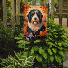 Load image into Gallery viewer, Bearded Collie Fall Garden Flag – Dog Surrounded by Pumpkins &amp; Autumn Leaves