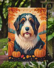 Load image into Gallery viewer, Bearded Collie Fall Garden Flag – Dog Surrounded by Pumpkins &amp; Autumn Leaves