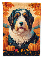 Load image into Gallery viewer, Bearded Collie Fall Garden Flag – Dog Surrounded by Pumpkins &amp; Autumn Leaves