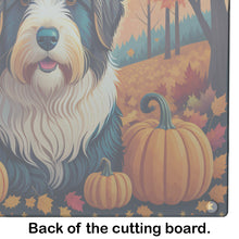 Load image into Gallery viewer, Bearded Collie Fall Glass Cutting Boards – Durable, Decorative Kitchen Art Large