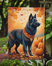 Load image into Gallery viewer, Belgian Sheepdog Fall Garden Flag – Dog Surrounded by Pumpkins &amp; Autumn Leaves