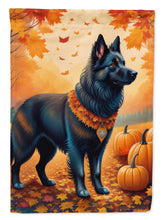 Load image into Gallery viewer, Belgian Sheepdog Fall Garden Flag – Dog Surrounded by Pumpkins &amp; Autumn Leaves