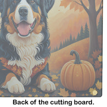 Load image into Gallery viewer, Bernese Mountain Dog Fall Glass Cutting Boards – Durable, Decorative Kitchen Art Large