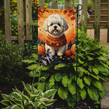 Load image into Gallery viewer, Bichon Frise Fall Garden Flag – Dog Surrounded by Pumpkins &amp; Autumn Leaves