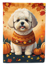 Load image into Gallery viewer, Bichon Frise Fall Garden Flag – Dog Surrounded by Pumpkins &amp; Autumn Leaves