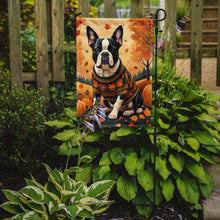 Load image into Gallery viewer, Boston Terrier Fall Garden Flag – Dog Surrounded by Pumpkins &amp; Autumn Leaves