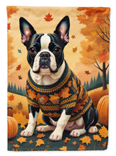 Load image into Gallery viewer, Boston Terrier Fall Garden Flag – Dog Surrounded by Pumpkins &amp; Autumn Leaves