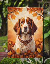 Load image into Gallery viewer, Brittany Spaniel Fall Garden Flag – Dog Surrounded by Pumpkins &amp; Autumn Leaves