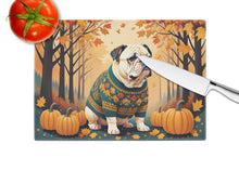 Load image into Gallery viewer, White English Bulldog Fall Glass Cutting Boards – Durable, Decorative Kitchen Art Large