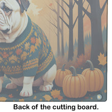 Load image into Gallery viewer, White English Bulldog Fall Glass Cutting Boards – Durable, Decorative Kitchen Art Large