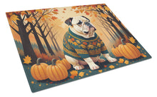 Load image into Gallery viewer, White English Bulldog Fall Glass Cutting Boards – Durable, Decorative Kitchen Art Large