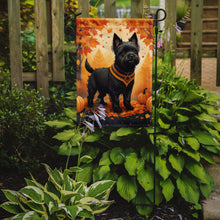Load image into Gallery viewer, Black Cairn Terrier Fall Garden Flag – Dog Surrounded by Pumpkins &amp; Autumn Leaves