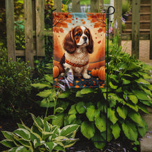 Load image into Gallery viewer, Cavalier Spaniel Fall Garden Flag – Dog Surrounded by Pumpkins &amp; Autumn Leaves
