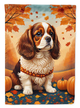 Load image into Gallery viewer, Cavalier Spaniel Fall Garden Flag – Dog Surrounded by Pumpkins &amp; Autumn Leaves