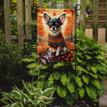 Load image into Gallery viewer, Tricolor Chihuahua Fall Garden Flag – Dog Surrounded by Pumpkins &amp; Autumn Leaves